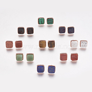 Natural & Synthetic Mixed Stone Stud Earrings, with Brass Findings, Real Rose Gold Plated, Square, 12x12x4.5~6mm, Pin: 1mm(EJEW-F139-A)