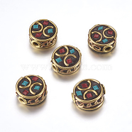 Handmade Indonesia Beads, with Brass Findings, Nickel Free, Flat Round, Raw(Unplated), Green, 12~13x6~7.5mm, Hole: 2mm(IPDL-F023-21A)