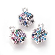 Brass Micro Pave Cubic Zirconia Charms, Hexagon, Colorful, Platinum, 11x8x1.5mm, Hole: 1mm(ZIRC-L075-11A-P)