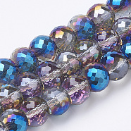 Electroplated Glass Beads Strands, Rainbow Plated, Faceted, Rondelle, Blue, 8x6mm, Hole: 1.2mm, about 80pcs/strand, 19.69 inch(EGLA-Q092-8mm-A07)