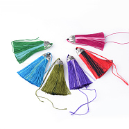 Nylon Tassel Big Pendant Decorations, with Antique Silver Alloy Findings, Mixed Color, 80~85x19~20x11~12mm(AJEW-Q129-M)