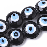 Handmade Evil Eye Lampwork Beads Strands, Flat Round, Black, 16~17x8~9mm, Hole: 1.8mm, about 24pcs/strand, 12.60''(32cm)(X-LAMP-R143-04A)