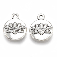 Tibetan Style Alloy Pendants, Cadmium Free & Lead Free,, Flat Round with Lotus, Antique Silver, 16x13x3mm, Hole: 1.8mm(X-TIBE-S314-33AS-LF)