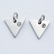 316 Surgical Stainless Steel Pendants, with Cubic Zirconia, Triangle, Clear, Stainless Steel Color, 9.5x10.5x2mm, Hole: 3mm(STAS-J038-07P)