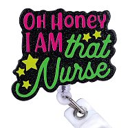 Glittered Plastic Retractable Badge Reel, Card Holders, with Iron Alligator Clips, Word Oh Honey I Am That Nurse, Yellow Green, 93mm, Word: 47.5x55mm(AJEW-SZ0002-44H)