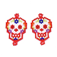 Handmade Seed Beads Links Connectors, with Elastic Thread, Loom Pattern, Sugar Skull, For Mexico Holiday Day of The Dead, Red, 35~36x22~23x1.5~2mm, Hole: 1.5~2mm(SEED-I012-48A)