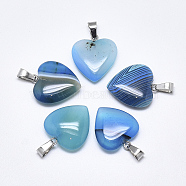 Natural Banded Agate/Striped Agate Pendants, Dyed, with Stainless Steel Snap On Bails, Heart, Stainless Steel Color, Sky Blue, 22~24x20~21x5~7mm, Hole: 3~4x7~8.5mm(X-G-T122-24G)