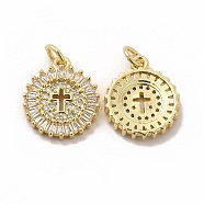 Rack Plating Brass Cubic Zirconia Pendants, with Jump Ring, Cadmium Free & Lead Free, Real 18K Gold Plated, Long-Lasting Plated, Flat Round with Religion Cross Charm , Clear, 16x13.5x2.5mm, Hole: 3.5mm(KK-G456-13G)