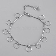 Brass Textured Ring Charm Anklets, with Bar Link Chains and Bell Charms, Platinum, 8-7/8 inch(22.4cm)(AJEW-B005-08P)