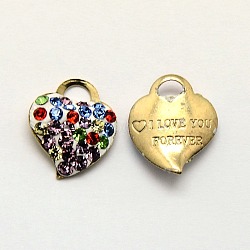 Brass Rhinestone Heart Charms Pendants, with Word I Love You Forever for Valentine's Day, Golden Metal Color, Colorful, 15x13x3.5mm, Hole: 3x1.5mm(X-RB-L017-01)
