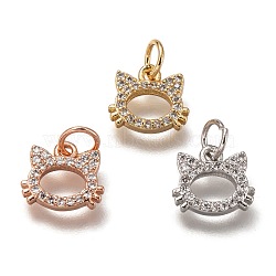 Brass Micro Pave Clear Cubic Zirconia Charms, Cadmium Free & Lead Free, Long-Lasting Plated, Cat, Mixed Color, 9x10x2mm, Hole: 3mm(ZIRC-B002-55)