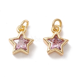Brass Cubic Zirconia Charms, Real 18K Gold Plated, Star, Plum, 9x7.5x3mm, Hole: 2.5mm(FIND-Z005-02C)