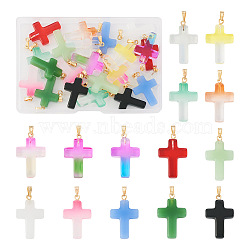 28Pcs 14 Styles Glass/Lampwork Pendants, with Golden Plated Iron Findings, Cross Charms, Mixed Color, 28.5~29x18~18.5x4.5~5mm, Hole: 5.5~6.5x3mm, 2pcs/style(GLAA-TA0001-19)