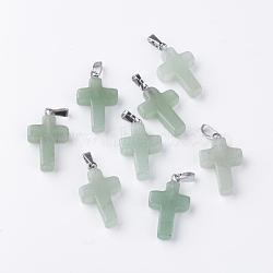 Natural Green Aventurine Pendants, Dyed, with Brass Pinch Bails, Platinum Plated, Cross, 23.5~28x15~18x4mm, Hole: 3x6mm(G-J354-08)