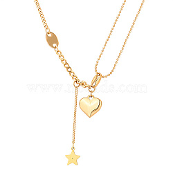Stainless Steel Lariat Necklaces, with Heart & Star Charms, Golden, 15.75 inch(40cm)(KA9286-5)