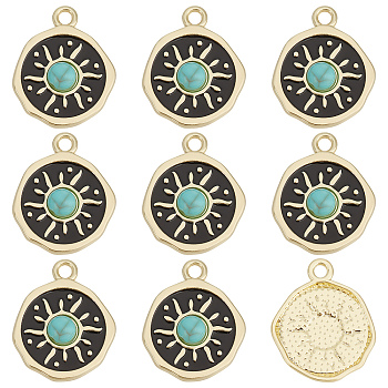 Rack Plating Alloy Enamel Pendants, with Synthetic Turquoise, Cadmium Free & Nickel Free & Lead Free, Light Gold, Flat Round with Sun, Black, 22x17x4mm, Hole: 2mm, 25pcs/box