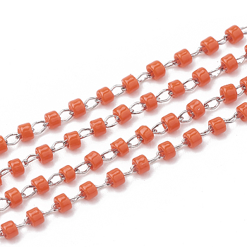 TOHO Japan Import Seed Beads, Handmade Glass Beaded Chains, Soldered, with Spool, with Stainless Steel Findings, Column, Stainless Steel Color, Orange Red, 2mm, about 26.24 Feet(8m)/strand