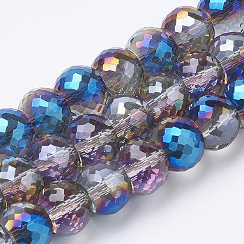 Electroplated Glass Beads Strands, Rainbow Plated, Faceted, Rondelle, Blue, 8x6mm, Hole: 1.2mm, about 80pcs/strand, 19.69 inch