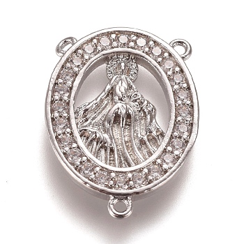 Brass Micro Pave Clear Cubic Zirconia Chandelier Component Links, Oval with Virgin Mary, Platinum, 22x16x2mm, Hole: 1mm