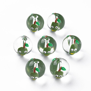 Transparent Glass Enamel Beads, Round with Cartoon, Dark Olive Green, 13.5~14x12~12.5x11.5mm, Hole: 1.6~2mm
