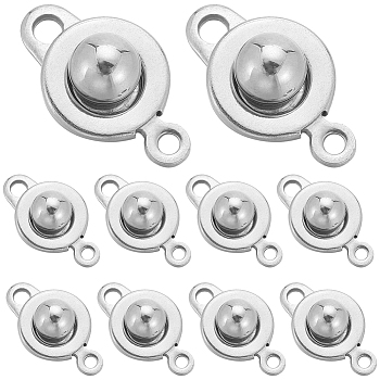 16Pcs 201 Stainless Steel Snap Clasps, Flat Round, Stainless Steel Color, 15x9.5x5mm, Hole: 1mm and 2mm