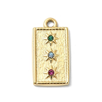 304 Stainless Steel Rhinestone Pendants, Square, Real 14K Gold Plated, 20.5x11x2.5mm, Hole: 2mm