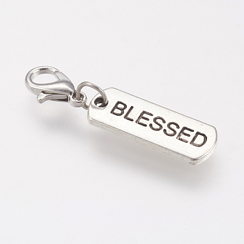 Tibetan Style Alloy Rectangle Pendants, with Word Blessed, Antique Silver, 8x21x2mm, Hole: 2mm