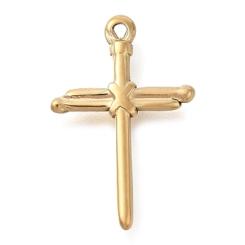 304 Stainless Steel Pendants, Cross Charm, Real 14K Gold Plated, 19x12.5x2mm, Hole: 0.9mm