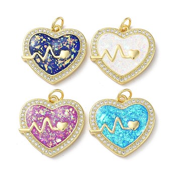 Valentine's Day Brass Micro Pave Clear Cubic Zirconia Pendants, with Synthetic Opal, Real 18K Gold Plated, Heart Charms, Mixed Color, 19.5x20x3mm, Hole: 3.5mm