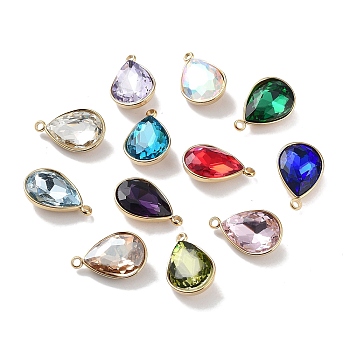 Faceted Glass Pendants, with Ion Plating(IP) Golden 304 Stainless Steel Findings, Mixed Color, Teardrop, 18x11.5x6mm, Hole: 1.6mm