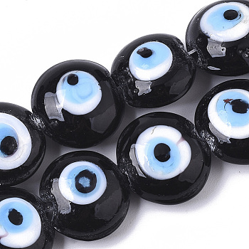 Handmade Evil Eye Lampwork Beads Strands, Flat Round, Black, 16~17x8~9mm, Hole: 1.8mm, about 24pcs/strand, 12.60''(32cm)