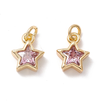 Brass Cubic Zirconia Charms, Real 18K Gold Plated, Star, Plum, 9x7.5x3mm, Hole: 2.5mm