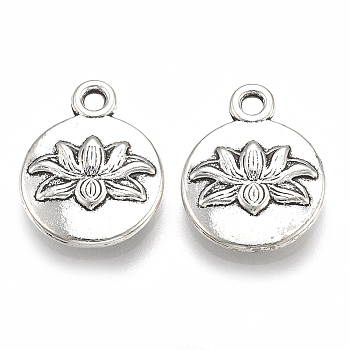 Tibetan Style Alloy Pendants, Cadmium Free & Lead Free,, Flat Round with Lotus, Antique Silver, 16x13x3mm, Hole: 1.8mm