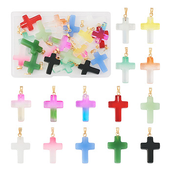28Pcs 14 Styles Glass/Lampwork Pendants, with Golden Plated Iron Findings, Cross Charms, Mixed Color, 28.5~29x18~18.5x4.5~5mm, Hole: 5.5~6.5x3mm, 2pcs/style