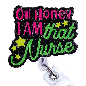 Glittered Plastic Retractable Badge Reel, Card Holders, with Iron Alligator Clips, Word Oh Honey I Am That Nurse, Yellow Green, 93mm, Word: 47.5x55mm