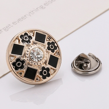 Plastic Brooch, Alloy Pin, with Rhinestone, Enamel, for Garment Accessories, Round with Flower & Square, Black, 21mm