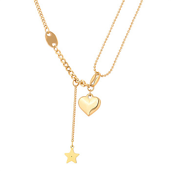 Stainless Steel Lariat Necklaces, with Heart & Star Charms, Golden, 15.75 inch(40cm)
