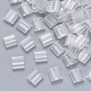 2-Hole Transparent Glass Seed Beads, Rectangle, Clear, 5x4.5~5.5x2~2.5mm, Hole: 0.5~0.8mm, about 118pcs/10g