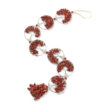 Natural Red Jasper Car Hanging Decorations, with Nylon Cord and Brass Findings, Round Ring with Tree of Life, 535~560mm