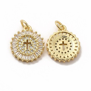 Rack Plating Brass Cubic Zirconia Pendants, with Jump Ring, Cadmium Free & Lead Free, Real 18K Gold Plated, Long-Lasting Plated, Flat Round with Religion Cross Charm , Clear, 16x13.5x2.5mm, Hole: 3.5mm