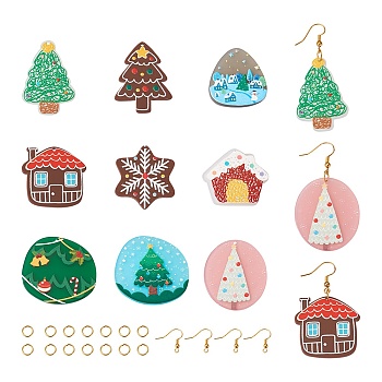 DIY Christmas Dangle Earring Making Kit, Including Christmas Tree & House & Snowflake Resin Pendants, Brass Earring Hooks, Mixed Color, 58pcs/box