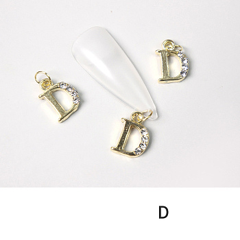 Alloy Rhinestone Cabochons, Nail Art Decoration Accessories, with Jump Ring, Letter, Golden, Letter.D, 11~14x5~12mm