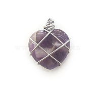 Natural Amethyst Copper Wire Wrapped Pendants, Heart Charms, Silver Color, 20mm(FIND-PW0015-21A)