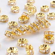 Iron Rhinestone Spacer Beads, Grade B, Rondelle, Straight Edge, Clear, Golden, 7~8x3.5mm, Hole: 2mm(RB-A009-8MM-G)