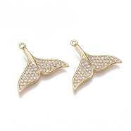 Brass Micro Pave Cubic Zirconia Pendants, Nickel Free, Real 18K Gold Plated, Whale Tail Shape, Clear, 15.5x19x3mm, Hole: 1mm(KK-T038-355G)