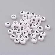 Flat Round with Letter P Acrylic Beads, with Horizontal Hole, White & Black, Size: about 7mm in diameter, 4mm thick, hole: 1mm(X-PL37C9070-P)