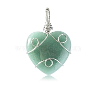 Natural Green Aventurine Pendants, Stainless Steel Wire Wrapped Heart Charms, Stainless Steel Color, 40x30mm(PW-WG41707-02)
