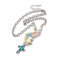 Alloy Glass Cross Pendant Necklace with Cat Eye Chips Beaded Chains, Titanium Steel Jewelry for Women, Colorful, 17.52 inch(44.5cm)(NJEW-Q001-02P)