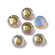 Transparent Spray Painted Glass Beads, with Golden Brass Findings, Flat Round with Smile, Colorful, 11.5x4mm, Hole: 1.2mm(GLAA-I050-15A)