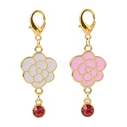 Alloy Enamel Peony Flower Pendant Decorations, with Glass Rhinestone, Lobster Clasp Charms, for Keychain, Purse, Backpack Ornament, Mixed Color, 54mm, 2pcs/set(HJEW-JM00830)